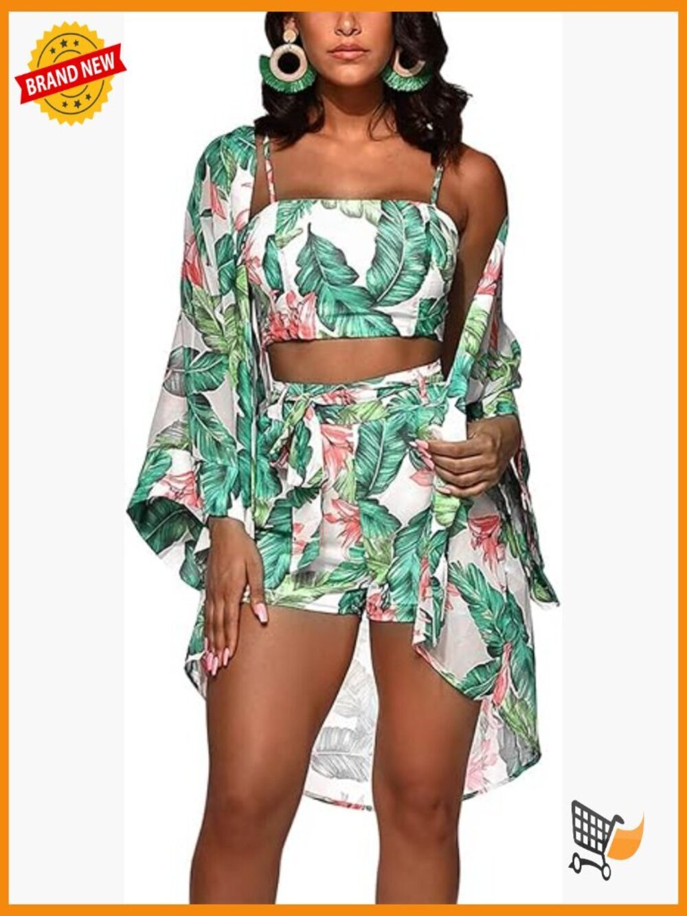3 Piece Summer Vocation Outfit Crop Top Short Set Kimono Cardigan
